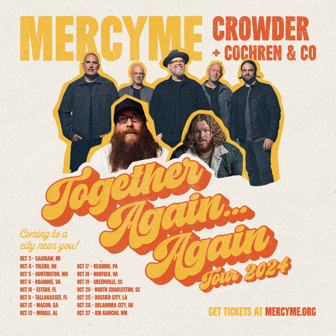 mercyme's tweet photo. Who’s coming out to see us on The Together Again…Again Tour this Fall? Go grab your tickets today at https://t.co/68cIfaZUTr
#TogetherAgain #TogetherAgainAgain #TogetherAgainTour #TogetherAgainAgainTour #MercyMe #Crowder #CochrenandCo #MercyMeLive #MercyMeMusic #CrowderMusic https://t.co/MboIlyW2Xk