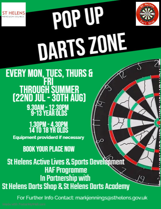Stuck for something to do through Summer?
Free Darts Pop Up Venue in the Town Centre! 
In The Old That's Entertainment Shop.
Our HAF Programme will run 4 days per week throughout summer. Click the links &amp; book your place
AM - eventbrite.co.uk/e/pop-up-darts… 
PM - eventbrite.co.uk/e/pop-up-darts…
