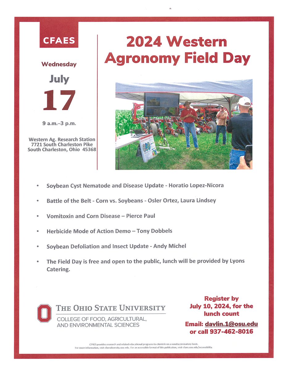 Make plans to attend the Western #Agronomy Field Day near South Charleston #Ohio next Wednesday, July 17th.  Good lineup of speakers on timely topics!  #ag #Agtech #LeanOnYourLandGrant. <a href="/CFAES_OSU/">Ohio State - CFAES</a>