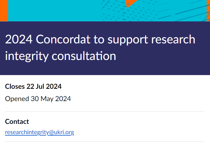 The UK’s Concordat to Support Research Integrity is due to undergo its five-year review where it will be updated and revised.

✍️ Share your views by taking part in the online survey. Closes 22 July 2024. 

orlo.uk/cgxIg

<a href="/UKRIO/">UK Research Integrity Office</a>