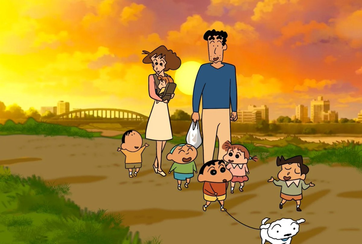 クレヨンしんちゃんと家族の夕焼けの美しい風景
