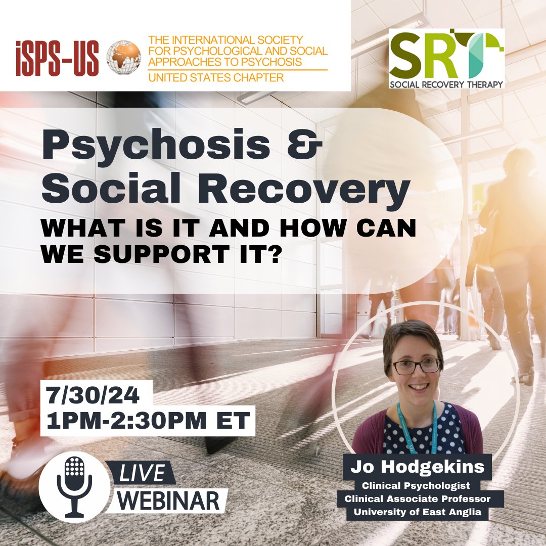 ⭐️Webinar announcement ⭐️

We are excited to announce our next webinar on Social Recovery Therapy, a UK-developed intervention rooted in CBT and multi-systemic principles. 7/30/24 at 1pm ET

isps-us.org/srt

#socialrecoverytherapy #psychosis #mentalhealth  #webinar