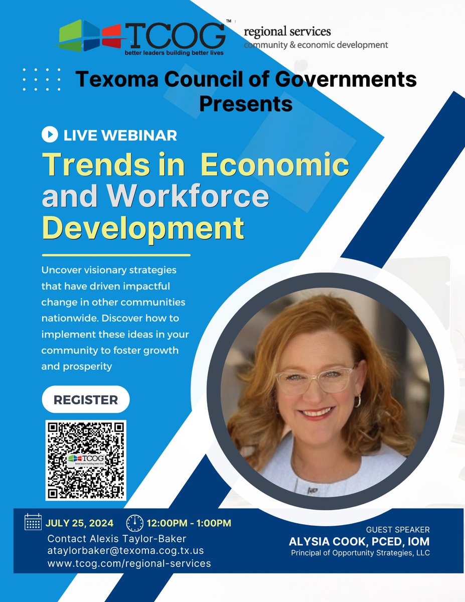 Want to learn how to uncover visionary strategies to drive impactful change in your community? TCOG is proud to partner with <a href="/TexasDeptofAg/">Texas Agriculture</a> to host an exciting a live webinar on trends in economic and workforce development presented by <a href="/alysiacook/">Alysia Cook</a>.  Scan the QR below to register.