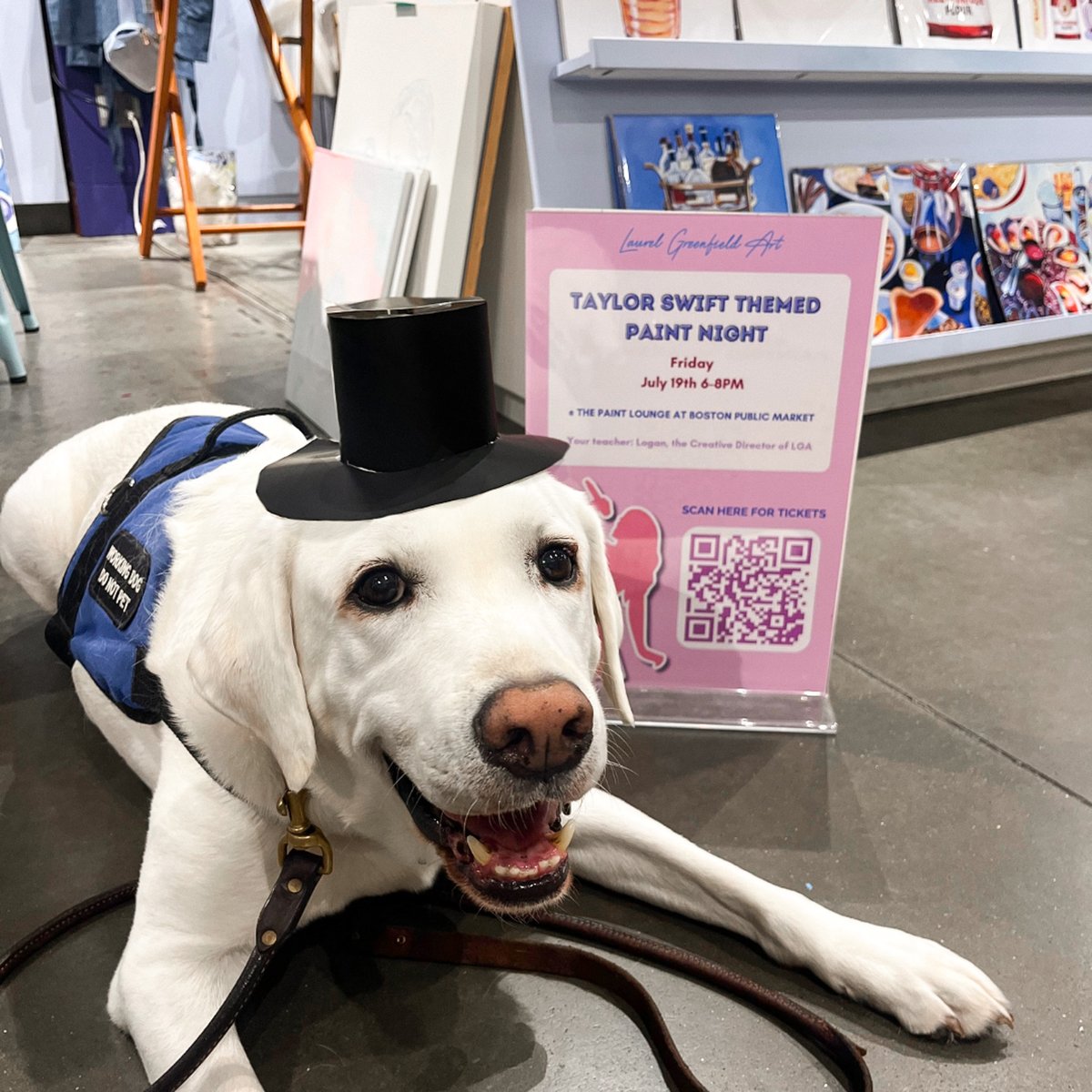 🚨CALLING ALL SWIFTIES🚨Our little Travis Pup-ce is here to propose that you &amp; your besties come to Laurel Greenfield Art on July 19th at 6pm for a Taylor Swift themed Paint &amp; Sip!💞🏹🎨 
.
🎟️Get your tickets from Laurel's Eventbrite before they sell out! #TaylorSwift #Swifties