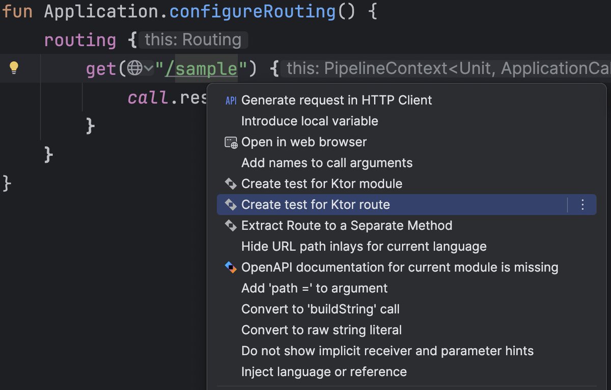 💡Did you know <a href="/intellijidea/">IntelliJ IDEA, a JetBrains IDE</a> autogenerates tests from Ktor routes?   

The built-in testing library allows you to replicate production settings and isolate your services, improving tests’ performance, replicability, and integration into CI/CD pipelines. Give it a try! 

Official