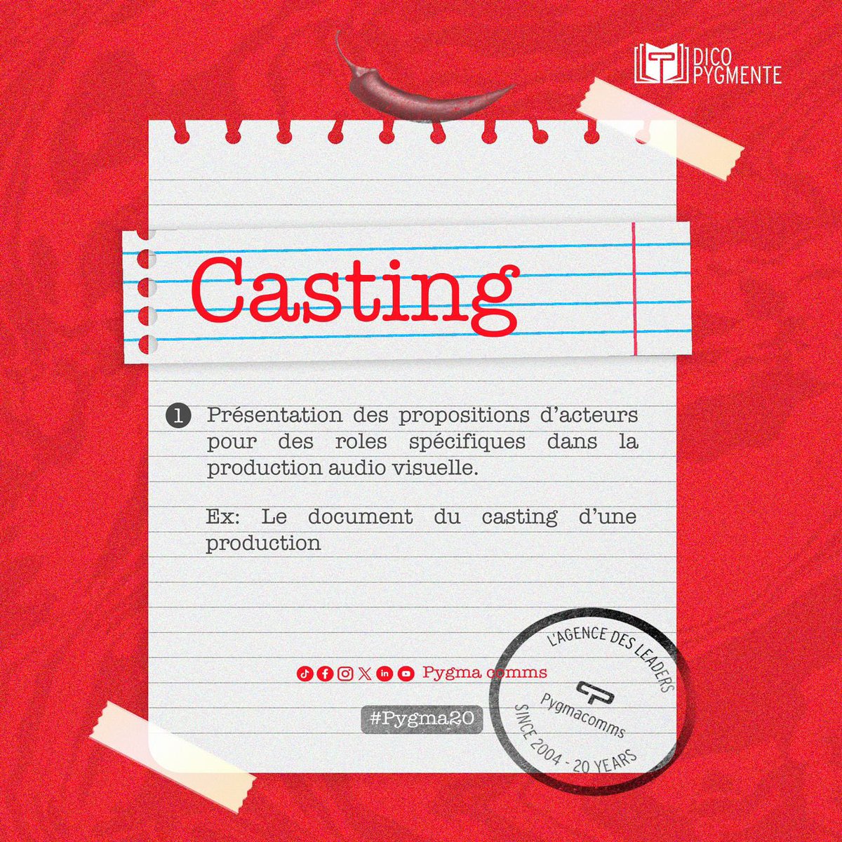 pygmacomms's tweet photo. #Dicopygmente
#motdujour ▶️ Casting
Le casting est une étape essentiel dans la production d'une pub, d'un film ou d'une série télévisée.
C'est lors du casting que les réalisateurs et les producteurs choisiront les acteurs qui incarneront les différents rôles.
#pygmacomms #pygma https://t.co/KE9wDPKlIb