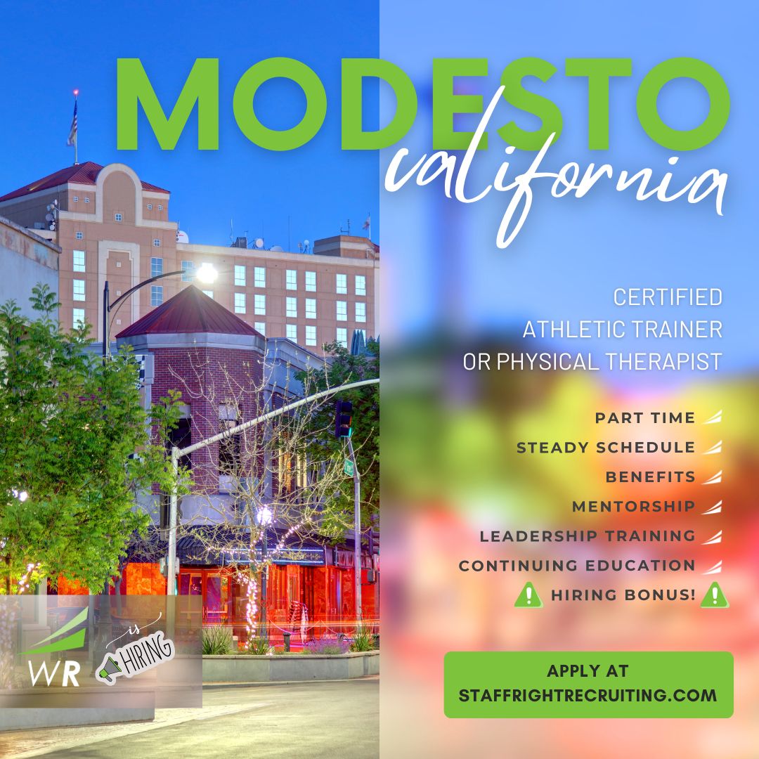 Join the #GreenTeam in #ModestoCA! We're hiring a certified #athletictrainer or #physicaltherapist in a part-time role. Enjoy great benefits, mentorship, and a $750 #hiringbonus!. Apply at StaffRightRecruiting.com! #hiring #jobsearch #wearehiring #atcjobs #atjobs #ptjobs