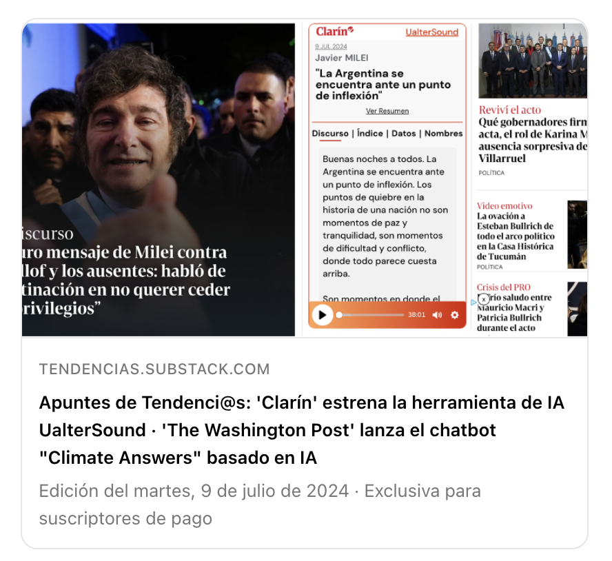 ismaelnafria's tweet photo. En los "Apuntes de Tendenci@s" de hoy hablo de dos nuevas herramientas de IA aplicadas por medios:

· UalterSound en @clarincom 
· Climate Answers en @washingtonpost 

Y, como siempre, una selección de otros temas y enlaces interesantes del día
https://t.co/x05WSi7dCJ https://t.co/hBM4c6qTbK