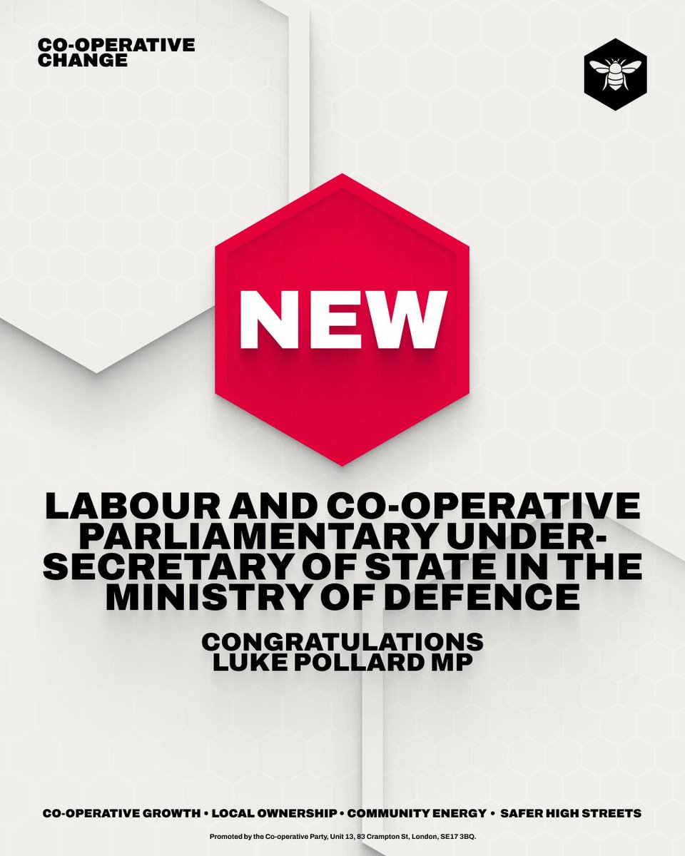 🐝 Congratulations to <a href="/LukePollard/">Luke Pollard MP</a>,  <a href="/UKLabour/">The Labour Party</a> and @coopparty Parliamentary Under-Secretary of State in the Ministry of Defence!