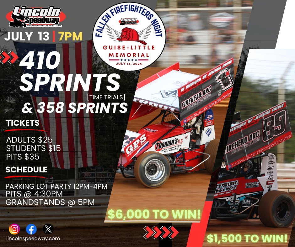 lincolnspeedway's tweet photo. 𝙐𝙋 𝙉𝙀𝙓𝙏: The Fallen Firefighters Race "Guise-Little Memorial" Takes Center Stage with an Epic Pre-Race Party and a Boosted Purse

💥410 Sprints: $6,000 to win / $600 to start! [PA Speedweek format]
💥358 Sprints: $1,500 to win / $200 to start!
💥Heat race winner bonuses! https://t.co/FTkVQmQ6rL