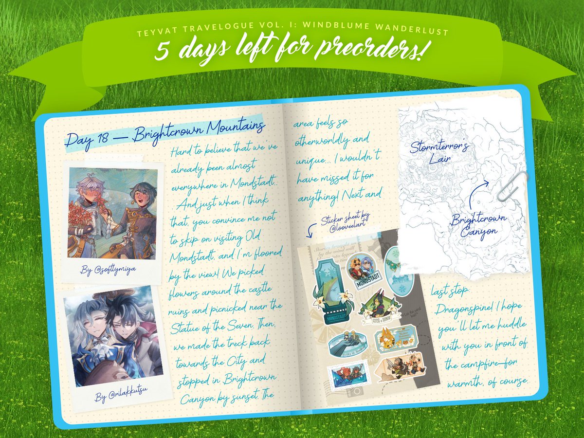 🧭PREORDERS CLOSE IN 5 DAYS🧭

📢 Preorders for Teyvat Travelogue: Windblume Wanderlust close on July 14th!

Continuing the tour of Mondstadt, several of our couples are visiting Brightcrown Mountains! Let's see what memories were made in the travelogue...