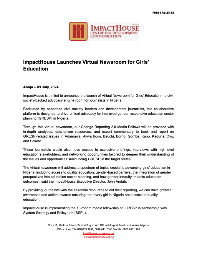 ImpacthouseCfDC's tweet photo. We are thrilled to announce the launch of Virtual Newsroom for Girls’ Education – a civil society-backed advocacy engine room for journalists in Nigeria.
This collaborative platform is designed to drive critical advocacy for improved GRESP in Nigeria.
#ChangeReporting https://t.co/hO5wWwDM4b