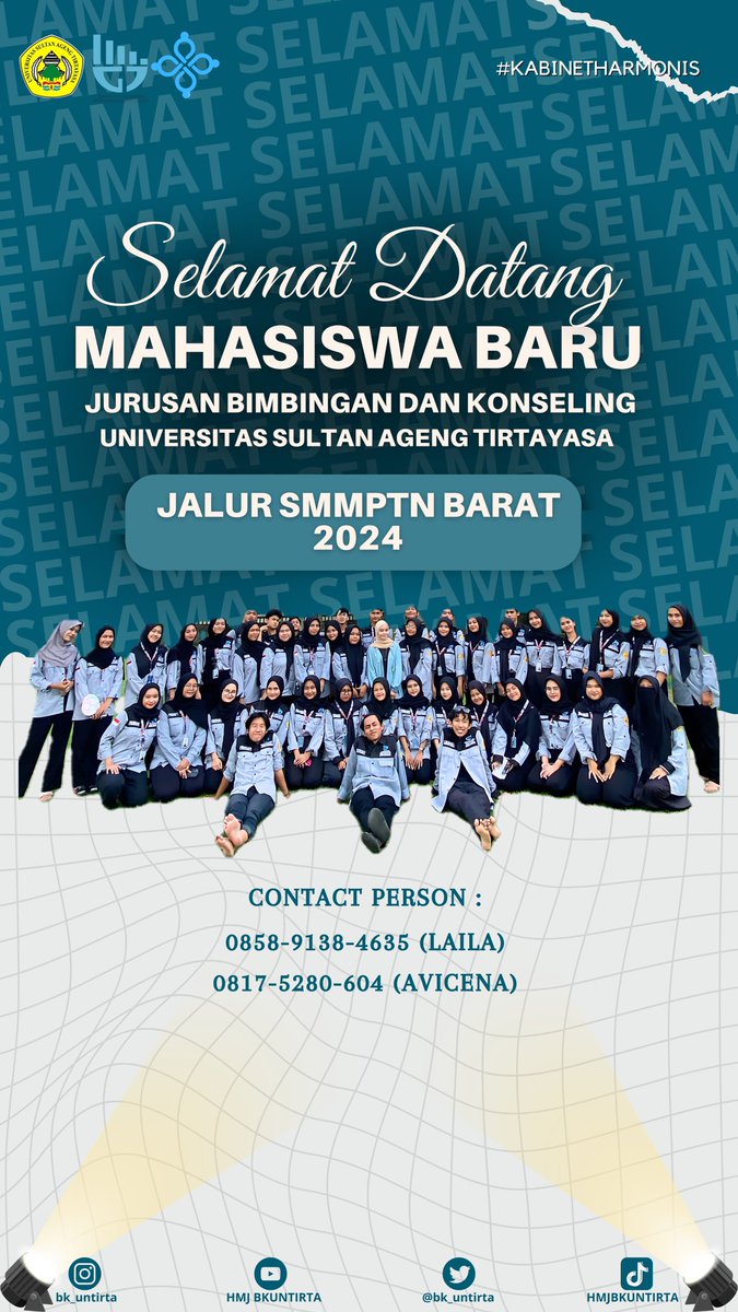 [SELAMAT DATANG MAHASISWA BARU BK UNTIRTA JALUR SMMPTN BARAT]

We care we share!
Selamat kepada calon konselor muda✨

Untuk kalian yang telah dinyatakan lolos, segera hubungi contact person dibawah ini :

+62 858-9138-4635 (Laila)
+62 817-5280-604 (Avicena)