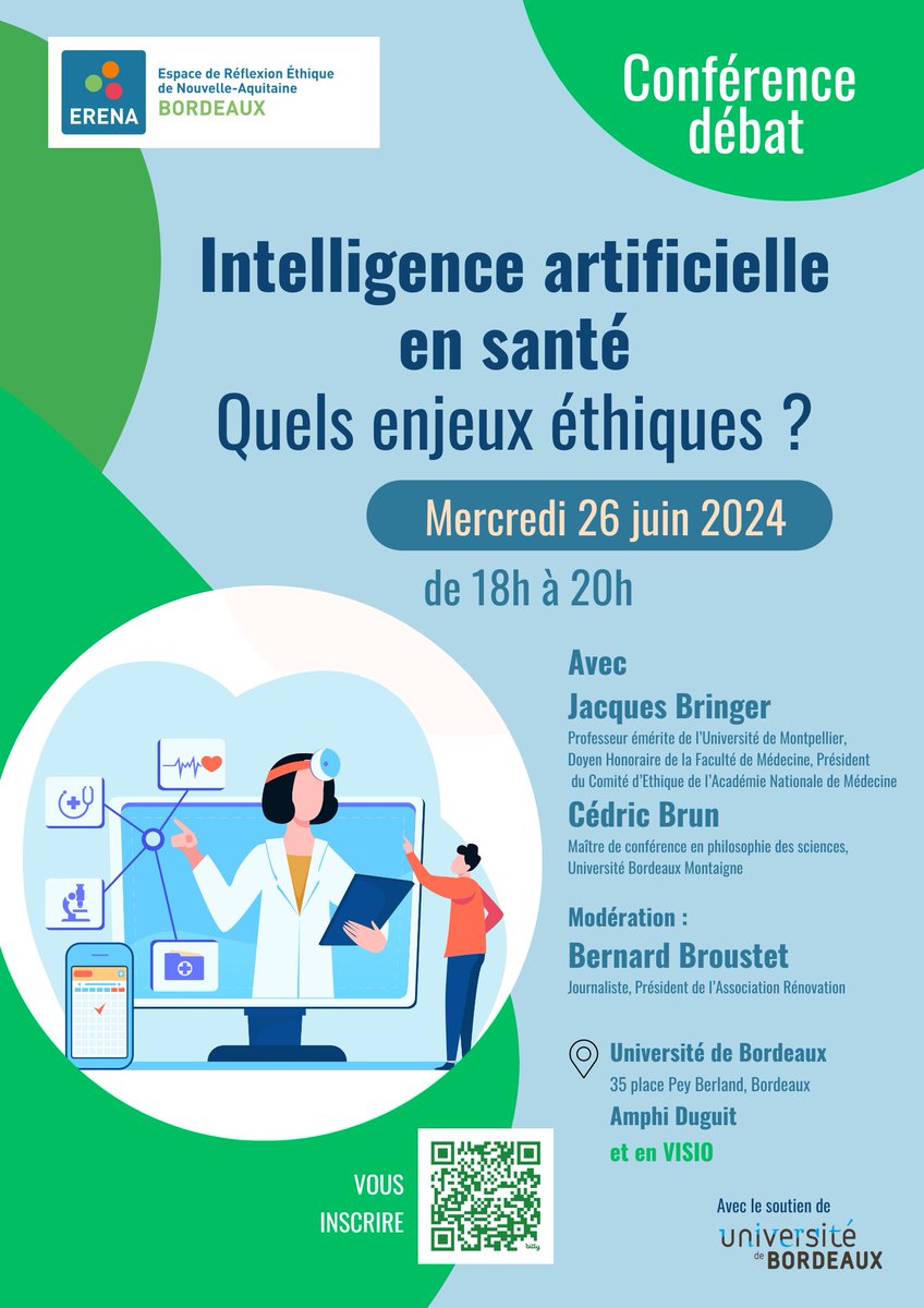 [REPLAY] #Conférence Intelligence artificielle en santé, quels enjeux éthiques ?

🧐Visionnez le replay de la conférence organisée par <a href="/ErenaBordeaux/">Espace Éthique ERENA Bordeaux</a>  le 26/06/24 avec le Pr Jacques Bringer et Cédric Brun @zdricpx sur les enjeux éthiques de l'IA en #santé.
bit.ly/4bAqZtR