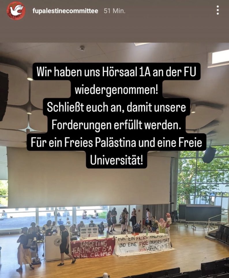 Schon wieder eine Besetzung an der <a href="/FU_Berlin/">Freie Universität</a>.

Das „FuPalestineCommitee“ war auch an der Zerstörung des SoWi-Instituts der <a href="/HumboldtUni/">Humboldt-Universität zu Berlin</a> beteiligt.