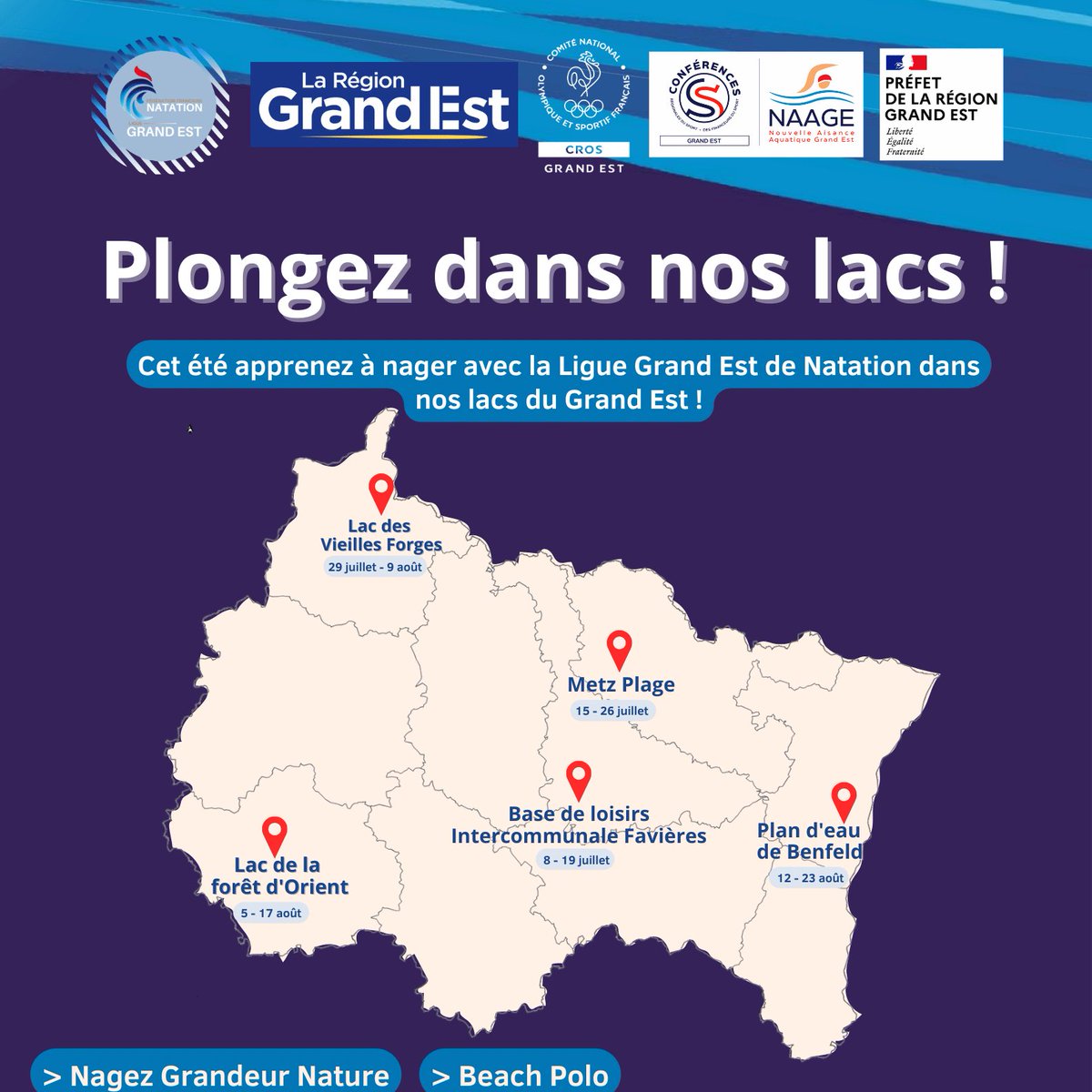 🌊NAAGE : premier projet phare de la Conférence Régionale du Sport pour prévenir les noyades et apprendre à nager dans le #Grandest
Des cycles d'apprentissage et de sensibilisation dans des espaces naturels, seront organisés dans 5 lacs du #GrandEst