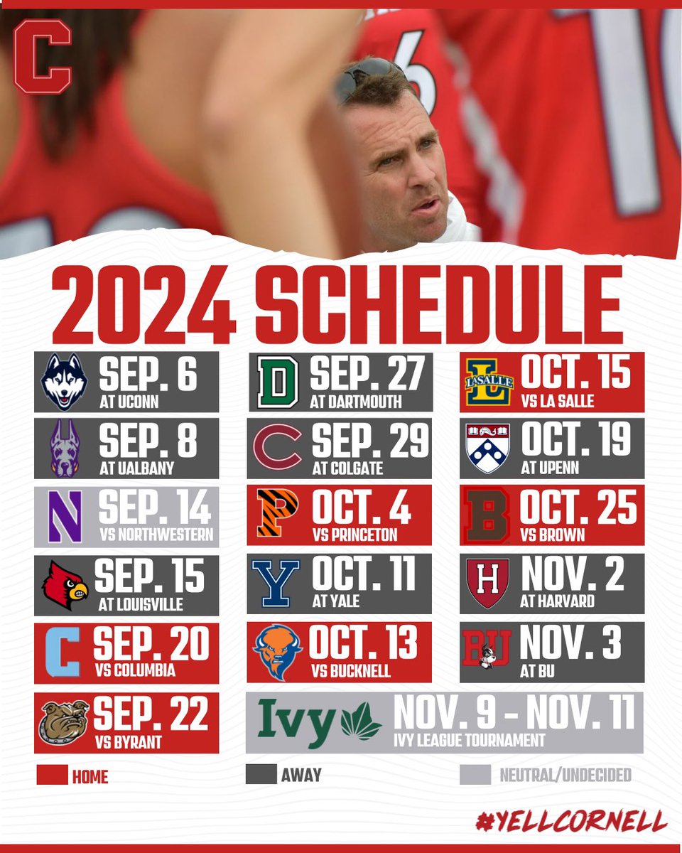 Almost time…⏰

Our 2024 Schedule is here! 🐻🌿

*Note: The schedule has been updated to reflect timing changes for the matches against Northwestern and Louisville and a date change against Columbia 

#YELLCORNELL