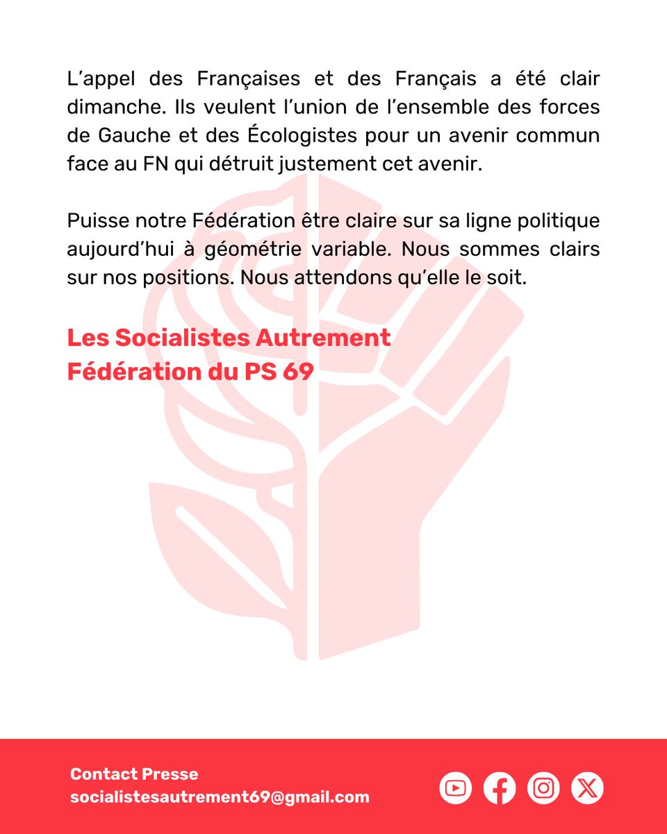 Dimanche, la République a fait barrage et la victoire du #NouveauFrontPopulaire est là ✨

Elle nous oblige à rassembler la Gauche, fidèles à nos valeurs de solidarité, justice sociale et écologie ✊

L’heure est à l’action ! 🤝🌹🌍#UnionDeLaGauche #Action #SocialistesAutrement