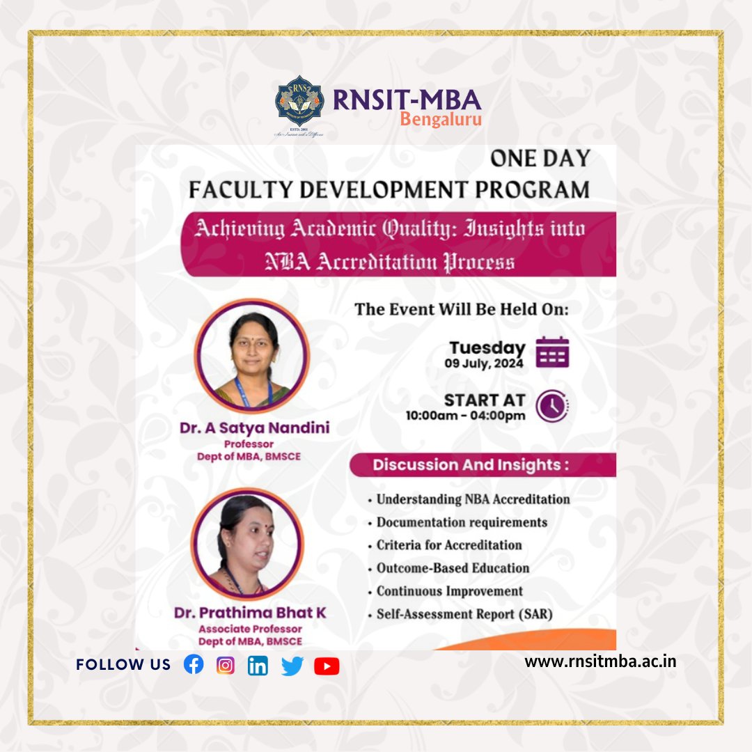 rnsit_mba's tweet image. RNSIT MBA conducted a one day faculty development with the theme of Achieving Academic Quality and NBA Accreditation. 
We hosted Dr. A Satya Nandini and Dr. Prathima Bhat K who were the guest speakers for the day. 

#rnsitmba 
#faculty
#developmentprogram
#training
#mba