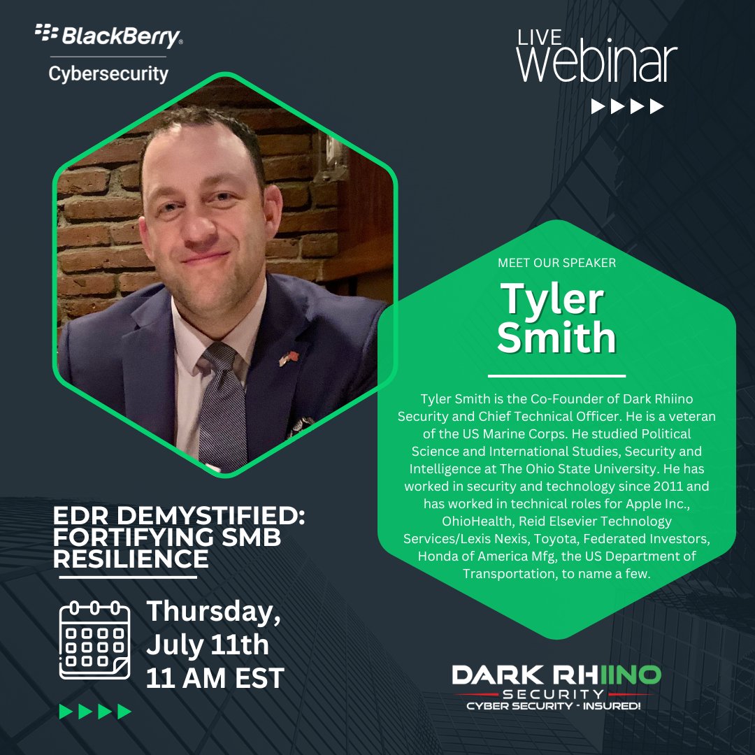 darkrhiinosec's tweet image. 💡 As CTO, Tyler brings strategic vision and deep industry knowledge to help SMBs fortify their defenses against evolving threats. Join him—register now! 🔒
#SMBProtection #Webinar #Cybersecurity #Webinar