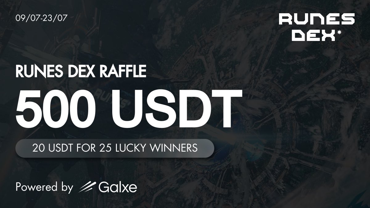RUNES DEX β΄οΈ (@runesdex) on Twitter photo π₯GM, Runes Dex fam! π₯
Letβs keep it short β weβre hosting a raffle on <a href="/Galxe/">Galxe</a>.
The rules are so simple, even a baby could do it:
Like + repost + follow our beloved Twitter and join our Discord.
π°Rewards? 20 USDT for 25 lucky winners! π°
β° Deadline? Starting today and π₯GM, Runes Dex fam! π₯
Letβs keep it short β weβre hosting a raffle on <a href="/Galxe/">Galxe</a>.
The rules are so simple, even a baby could do it:
Like + repost + follow our beloved Twitter and join our Discord.
π°Rewards? 20 USDT for 25 lucky winners! π°
β° Deadline? Starting today and