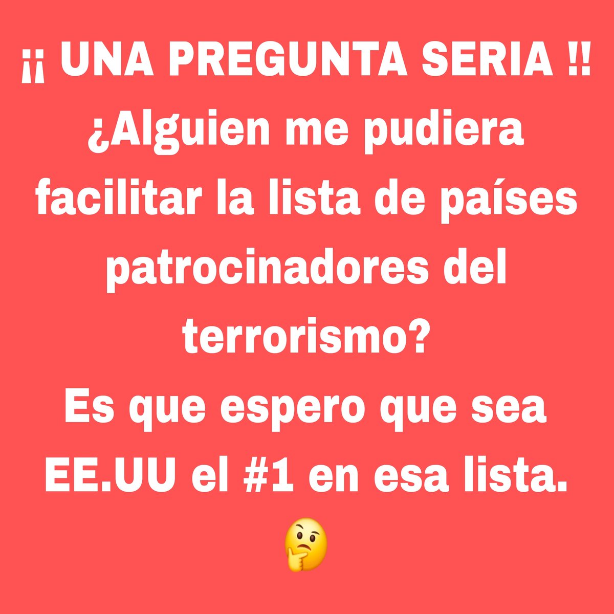Con lo visto anoche en Hacemos Cuba y Razones de Cuba. No cabe dudas que el candidato a ocupar el puesto No.1 y que reúne todos los requisitos habidos y por haber para ser el país desde donde más se patrocina el terrorismo, son los EE.UU. ¡Vaya, que les parece!
#NoAlTerrorismo