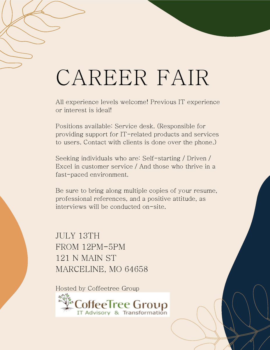 JimWardrop1's tweet image. Don't miss our CTG Career Fair in Marceline, MO, JULY 13TH from 12pm-5pm.  Check out our current opportunities!  value@coffeetreegroup.com  248-526-3315  coffeetreegroup.com/careers