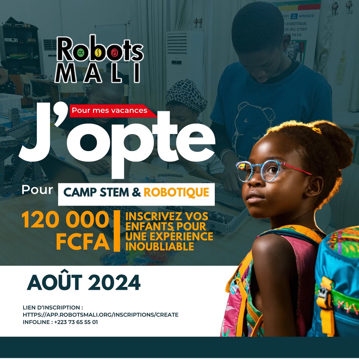 ROBOTSMALI1's tweet image. Optez pour le CAMP STEM &amp;amp; ROBOTIQUE de RobotsMali afin de garantir des vacances riches en connaissances et en expériences incroyables 🤩

Inscrivez vite vos enfants !

Lien d&apos;inscription : app.robotsmali.org/inscriptions/c…

INFOLINE : +223 73 65 55 01 

#RobotsMali #CampRobotique #STEM