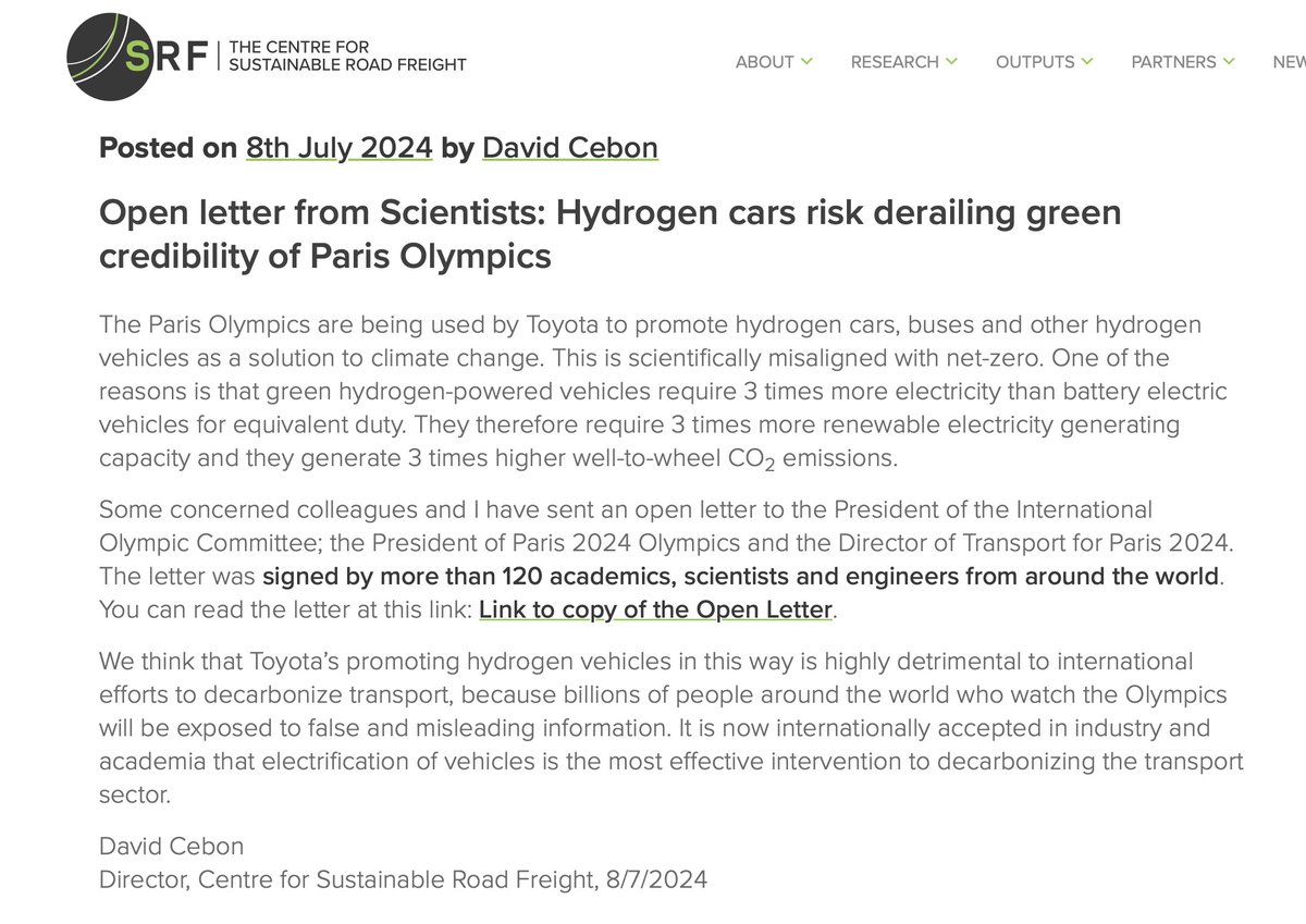 NEWS: 120 academics, scientists and engineers have signed an open letter arguing that hydrogen vehicles hinder the green energy transition and shouldn't be promoted by Toyota at the Paris Olympics.

"The Paris Olympics are being used by Toyota to promote hydrogen cars, buses and