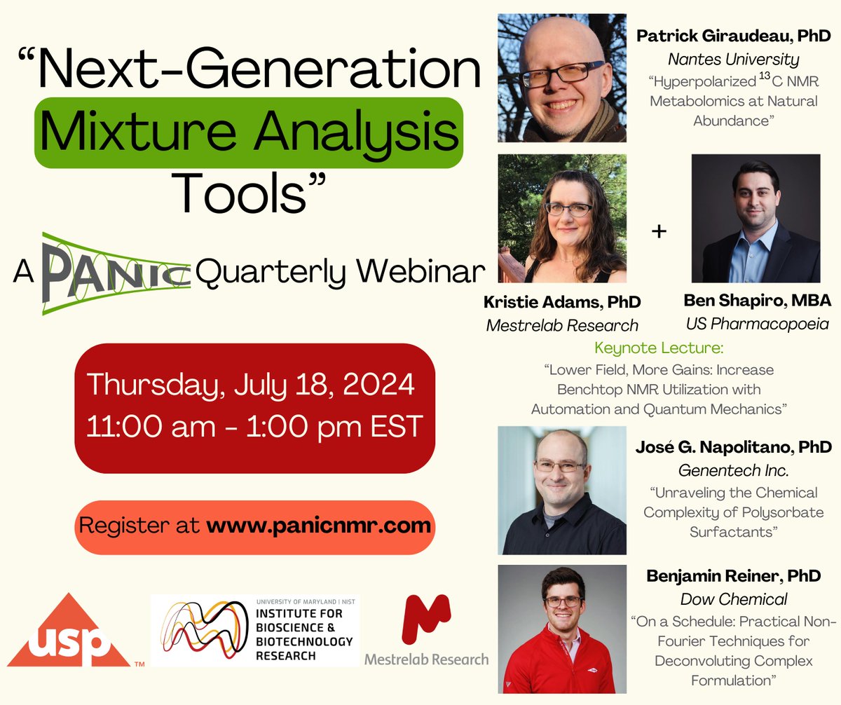 Mestrelab's tweet photo. Join our colleague Kristie Adams and Ben Shapiro, Director of Digital Product Development at @USPharmacopeia, for the @panicnmr webinar on July 18! Discover how #USPID simplifies qNMR analyses and revolutionizes your spectral interpretation.
Register now: https://t.co/pioZIIQV6h https://t.co/3DCUKwdEqS