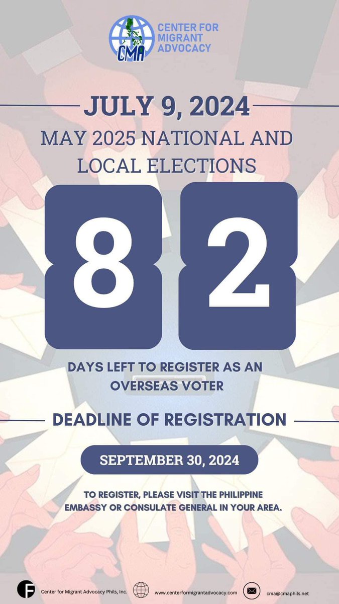 CMA_OFW's tweet photo. Filipino voter. Para magparehistro, bisitahin ang Philippine embassy o consulate sa inyong lugar o ang mga designated registration centers sa Pilipinas.
 #Vote2025 #RegisterNow #OverseasFilipinoVoter (2/2) https://t.co/ijKDJnMdVl