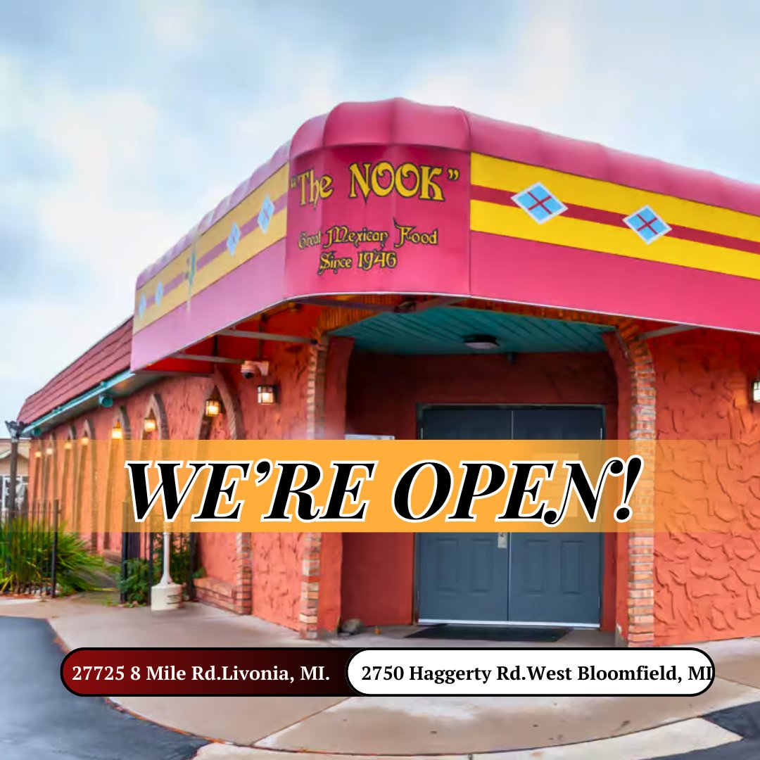 elnibblenook's tweet photo. We're back! 🎉 
Join us for authentic Mexican flavors at both locations. 

#ElNibbleNook #ReopenedForBusiness #LivoniaEats #WestBloomfieldEats #MexicanCuisine #SupportLocal #DineInMichigan #Foodie #MexicanFoodLovers #TasteOfMexico https://t.co/w2bL4gUb7b