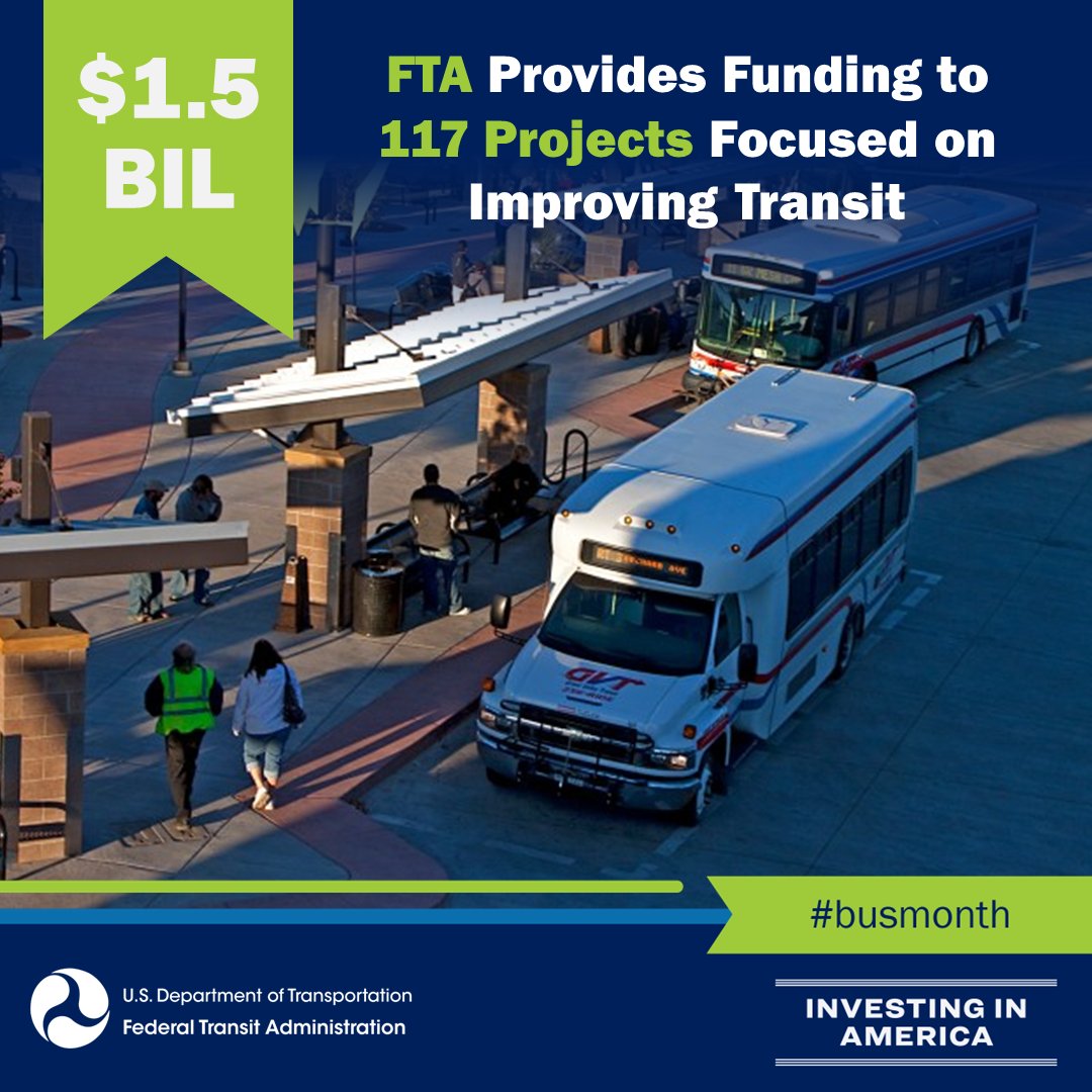 FTA_DOT's tweet photo. It’s #busmonth! FTA announced ~$1.5 billion from the President’s Bipartisan Infrastructure Law to fund 1100+ American-made buses across 47 states. Two-thirds will be low and no emission models that will improve air quality in cities from coast to coast. https://t.co/G3KKonfo2w https://t.co/i7S7yCtsHI