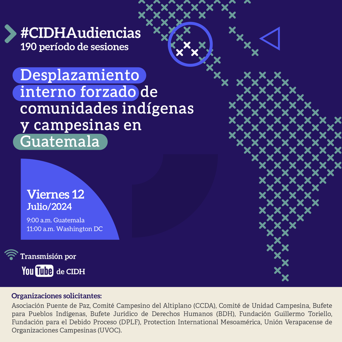 #CIDHAudiencias | En Guatemala, la flexibilización de salvaguardas socioambientales, el avance de megaproyectos y la cooptación del sistema judicial han intensificado el despojo territorial. Junto a organizaciones indígenas y campesinas, brindaremos más información a la <a href="/CIDH/">CIDH - IACHR</a>.