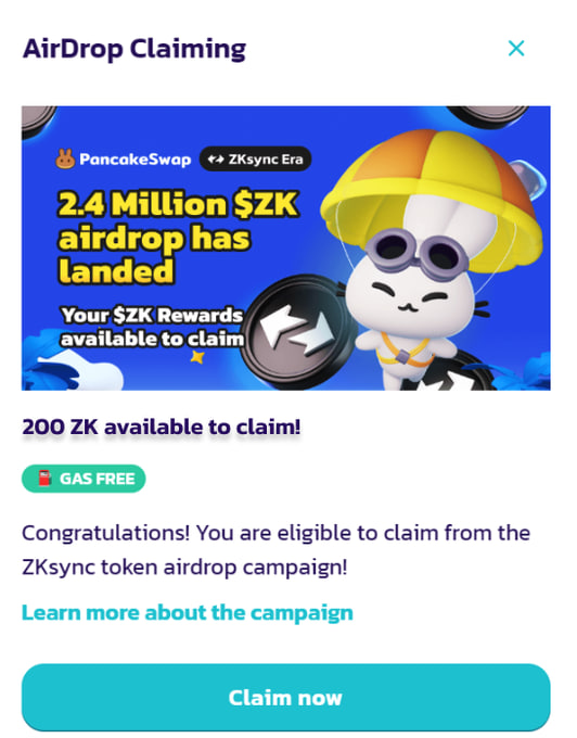 ctmsaudi's tweet image. 🪂Don't forget to claim your share of the $ZK airdrop!

🐰PancakeSwap is giving away 2.4 million $ZK tokens to the community

🆓Gas fees are on us for the best user experience!

🗳Claim 1.5x tokens: delegate-pancake.com