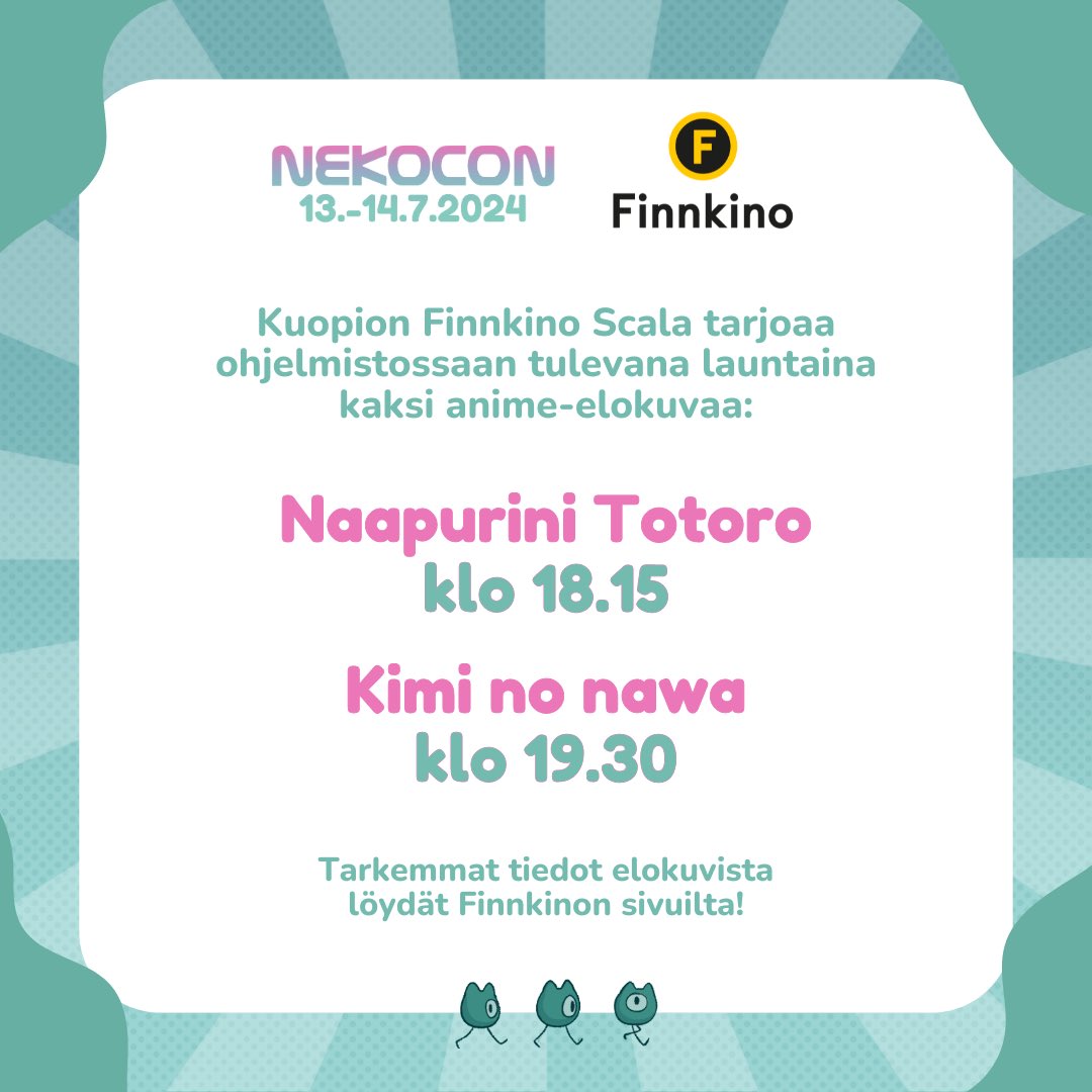 Miltä kuulostaisi leffailta con-päivän jatkoksi? Kuopion Finnkino Scala tarjoaa ohjelmistossaan tulevana launtaina kaksi anime-elokuvaa: Naapurini Totoro ja Your Name.

Molemmat leffat on puhuttu japaniksi, ja tekstitykset ovat sekä suomeksi että ruotsiksi.