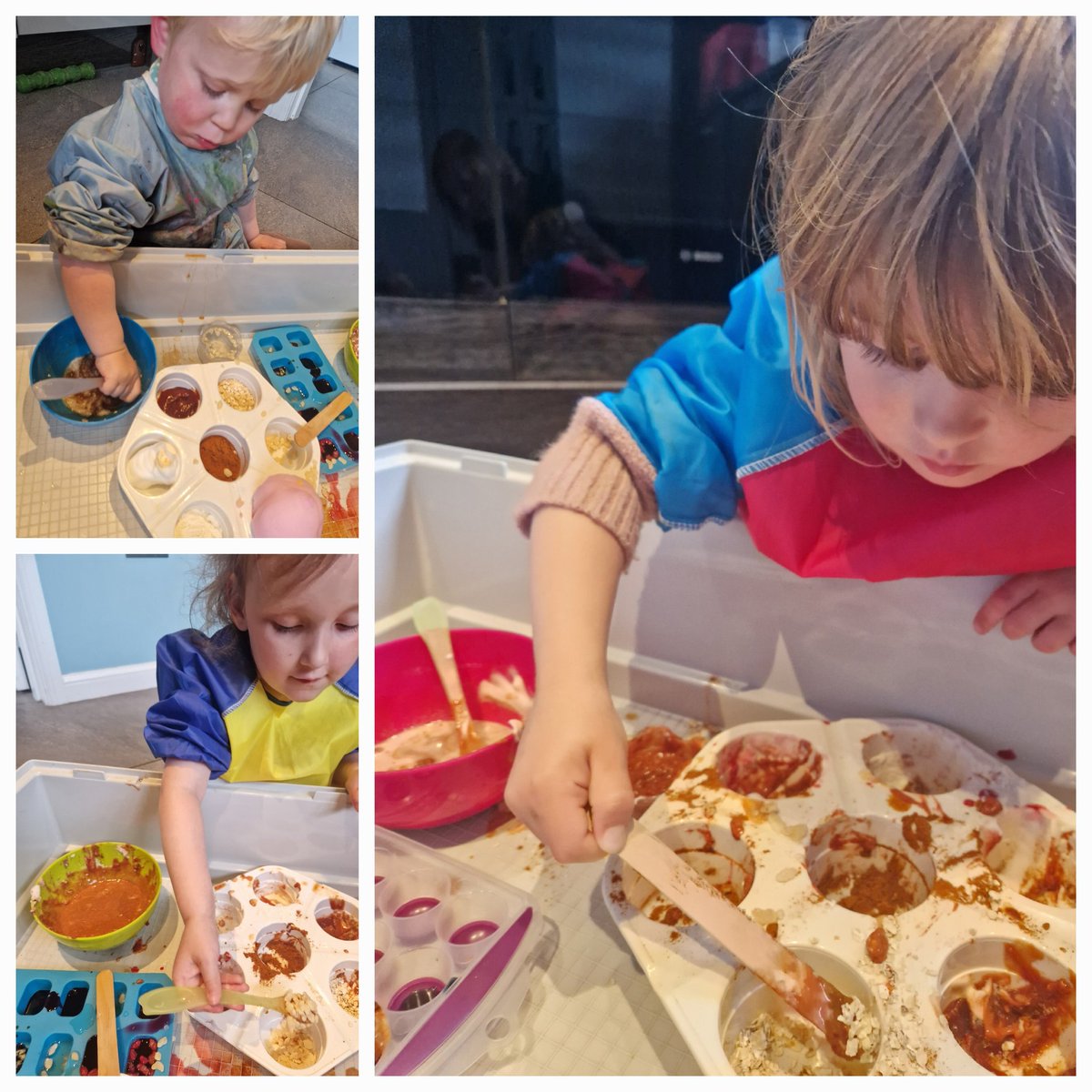 MurdinaB's tweet photo. Sensory experiences with STEM exploration.
Ketchup,paprika,flour,oats,rice crispies,shaving foam,soap &amp; food colouring. 
"I've turned the water brown"
"I'm making cookies" 
@CareInspect @ScotChildmind @scotgov @ClacksELC 
M.A.M.ChildmindingService https://t.co/wVweIeT7eS