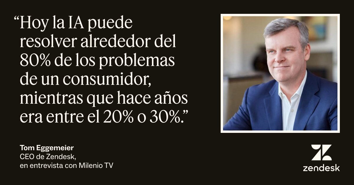 En esta entrevista con Milenio TV, nuestro CEO, Tom Eggemeier, comenta cómo la IA se está integrando en todas las soluciones de Zendesk y cómo los consumidores de México y Latinoamérica perciben el uso de la tecnología. ¡Echa un vistazo! zdsk.co/45ZC1ra