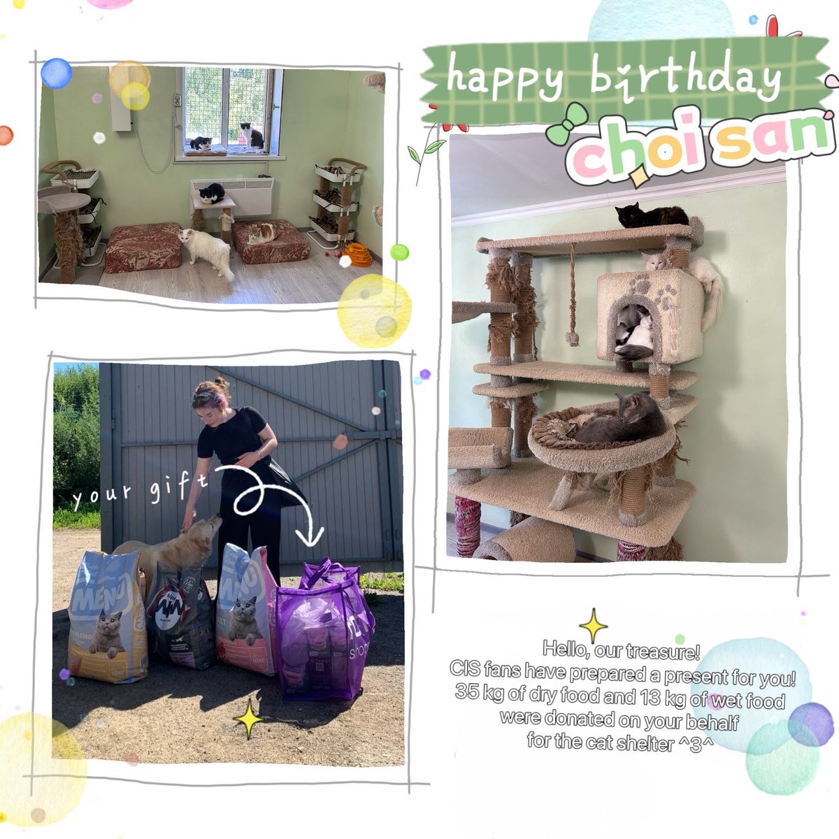 hi san, our treasure! 
cis fans have prepared a present for you!
35 kg of dry food and 13 kg of wet food were donated on your behalf for the cat shelter ^3^
happy birthday, choi san!

 #SAN #산 #낭만_가득한_산이의_여름날
#SanRomanticSummerday 
#OurAceofAcesChoiSan
