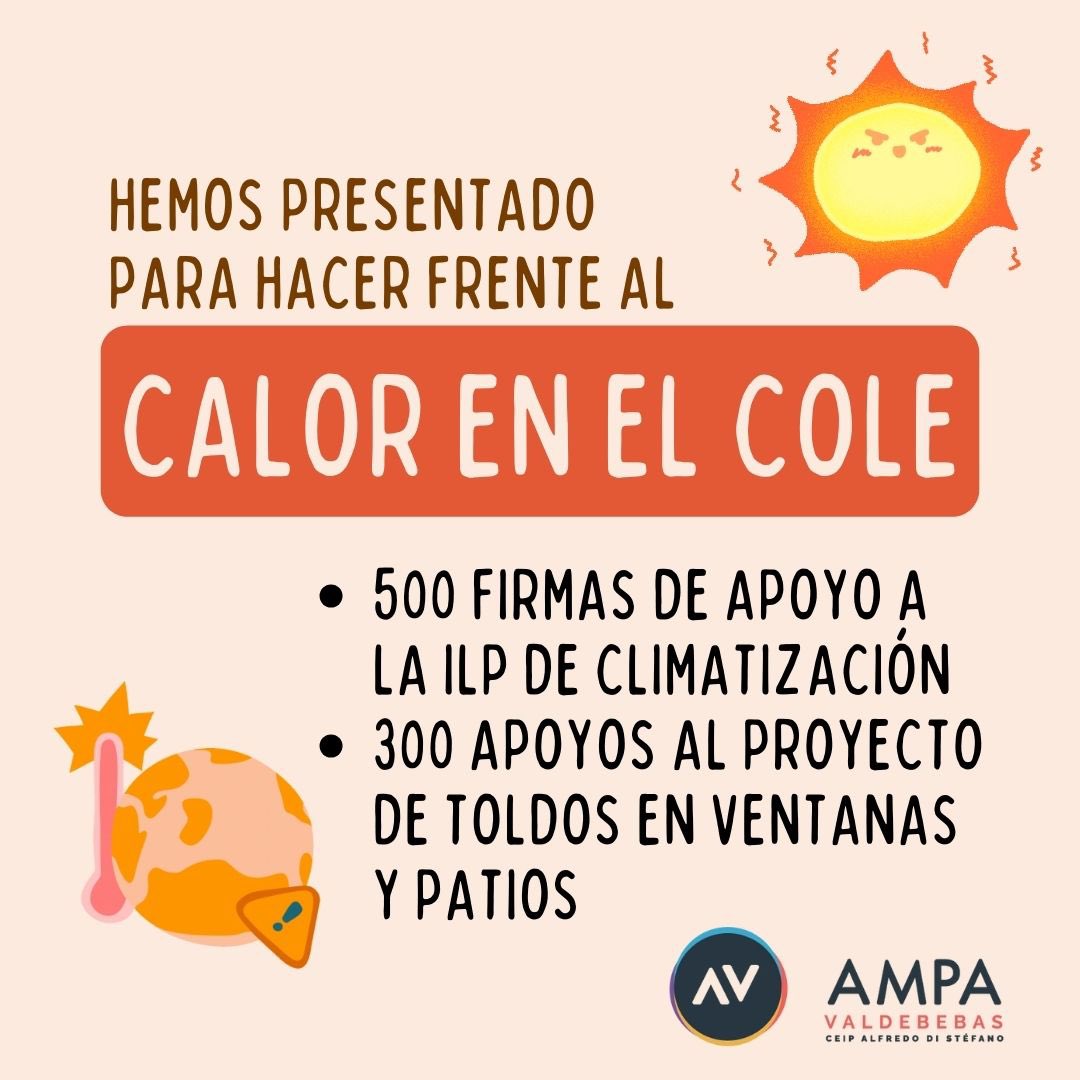 AMPA Valdebebas (@ampavaldebebas) on Twitter photo Para mejorar las condiciones del cole frente al calor hemos presentado 500 firmas para la ILP de climatización y 300 apoyos al proyecto de adaptación de los coles de Hortaleza!! Gracias a todos y gracias a la <a href="/FAPA_Giner_Rios/">FAPA Giner Ríos</a> y a <a href="/AMPAsHortaleza/">AMPAsHortaleza</a> Vamos a conseguirlo!! Juntos!!! Para mejorar las condiciones del cole frente al calor hemos presentado 500 firmas para la ILP de climatización y 300 apoyos al proyecto de adaptación de los coles de Hortaleza!! Gracias a todos y gracias a la <a href="/FAPA_Giner_Rios/">FAPA Giner Ríos</a> y a <a href="/AMPAsHortaleza/">AMPAsHortaleza</a> Vamos a conseguirlo!! Juntos!!!