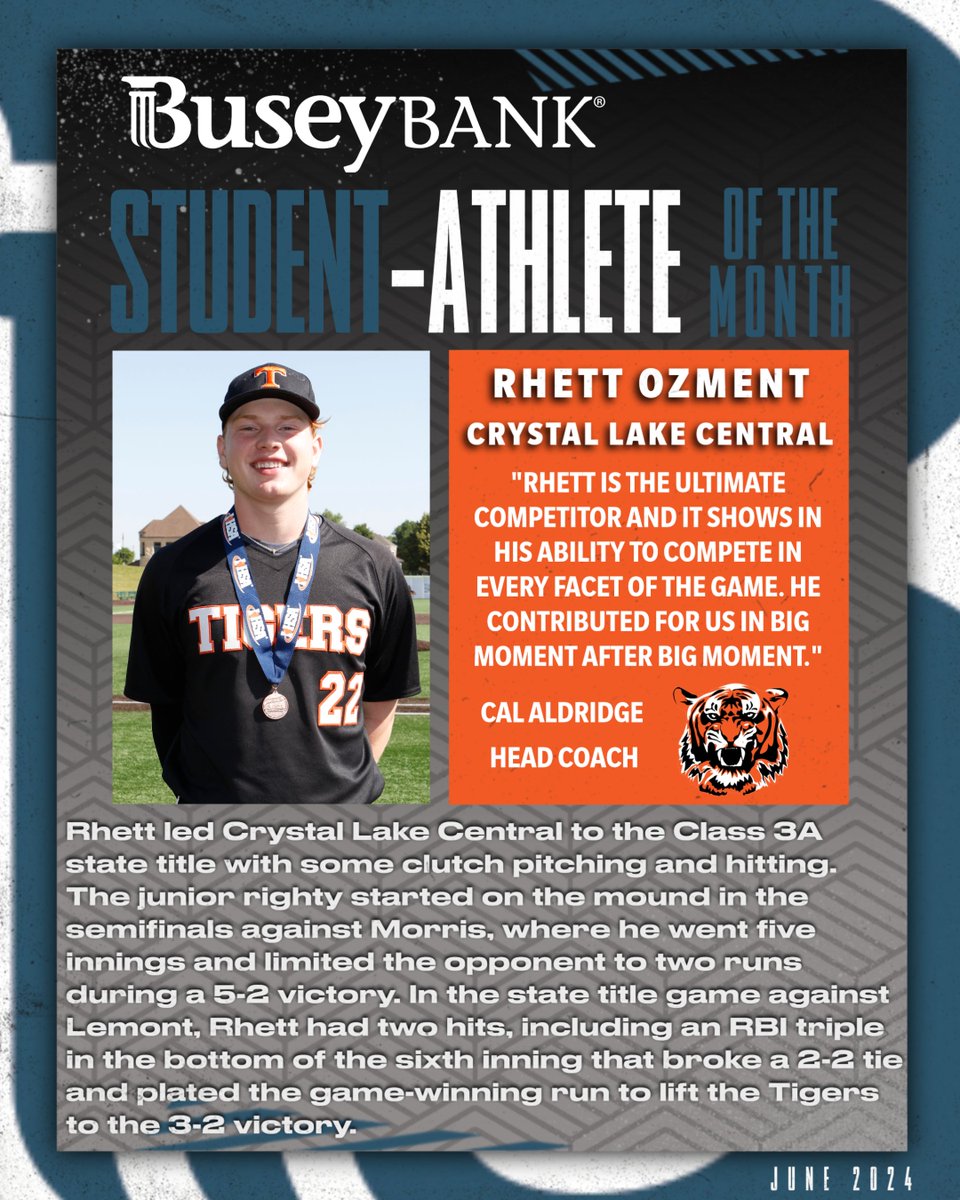 🏅 The #IHSA is proud to recognize the Busey Bank Student-Athletes of the Month, honoring students who excel in athletics while also being positive contributors to their school &amp; community.  

📅 June 2024 📅
⭐️🥎 Elena Krause, Pontiac HS
⭐️⚾️ Rhett Ozment, Crystal Lake Central