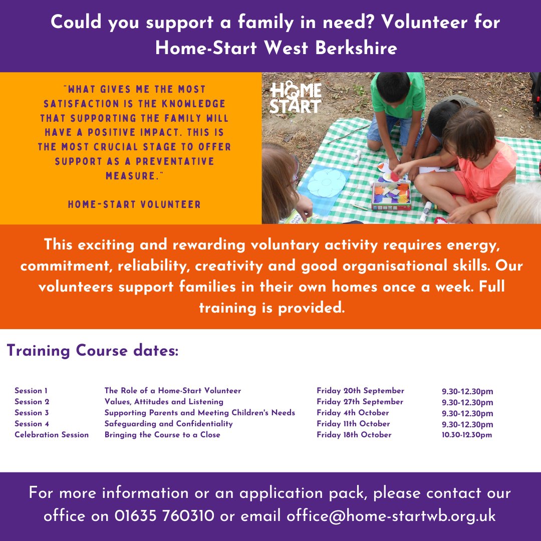 We still have a few places left for our volunteer training course in September, so let us know if you’d like to book a place or find out more!

office@homestartwb.org.uk