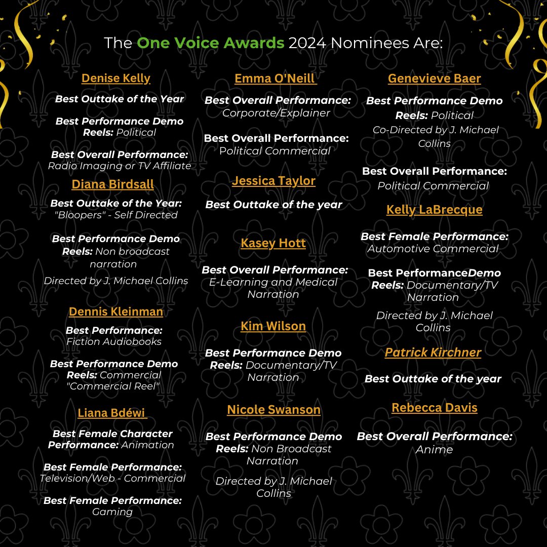 We are so proud of our VO Château and Political Château talent who are nominated for a 2024 One Voice Award! Congratulations 🎉

#onevoiceawards2024 #voiceover #talent #vo #onevoiceawards #voiceartist #vochateau #csm #voiceoverawards #onevoice #awards #congrats