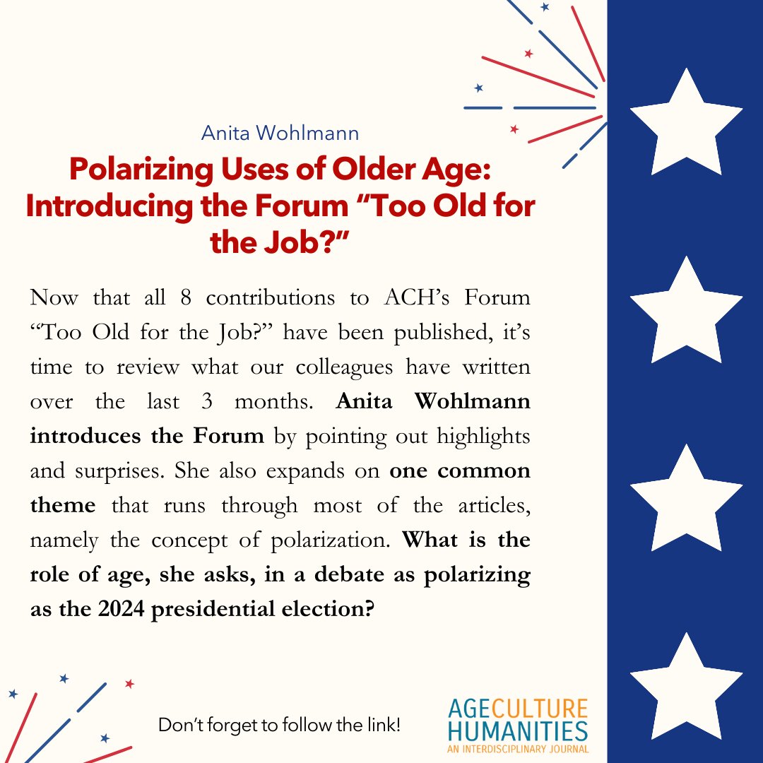 We're very delighted to declare the conclusion of our Forum "Too Old for the Job?" with such amazing and diverse contributions! 
➡️Read the full recap provided by Anita Wohlmann here: tidsskrift.dk/ageculturehuma…

#agingstudies #ageculturehumanities #americanelections #age #openaccess