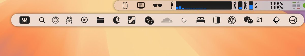 给力了！Bartender 5 的开源平替 Ice 刚刚更新到 V0.10.1 ，带来了浮动菜单栏(菜单栏下方显示)！🥳
github.com/jordanbaird/Ic…