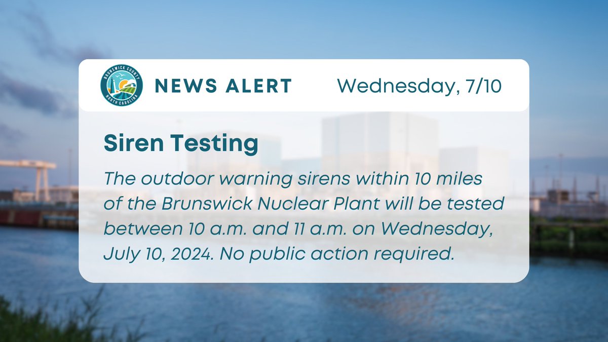 📢 <a href="/DukeEnergy/">Duke Energy</a> &amp; county officials will test the outdoor warning sirens within 10 miles of the Brunswick Nuclear Plant between 10 a.m. &amp; 11 a.m. on Wednesday, July 10, 2024. No public action required. Details ➡️ ow.ly/2XLE50SxZU7
<a href="/DE_Nuclear/">Duke Energy Nuclear</a> <a href="/NewHanoverCo/">New Hanover County</a> #BrunsCo #NHCgov
