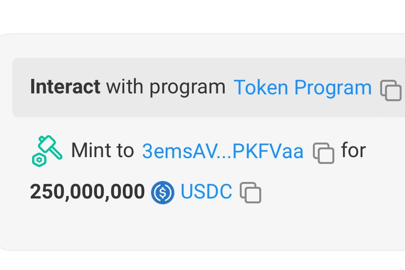 DegenerateNews's tweet image. BREAKING: 250M $USDC MINTED AT $USDC TREASURY ON @solana