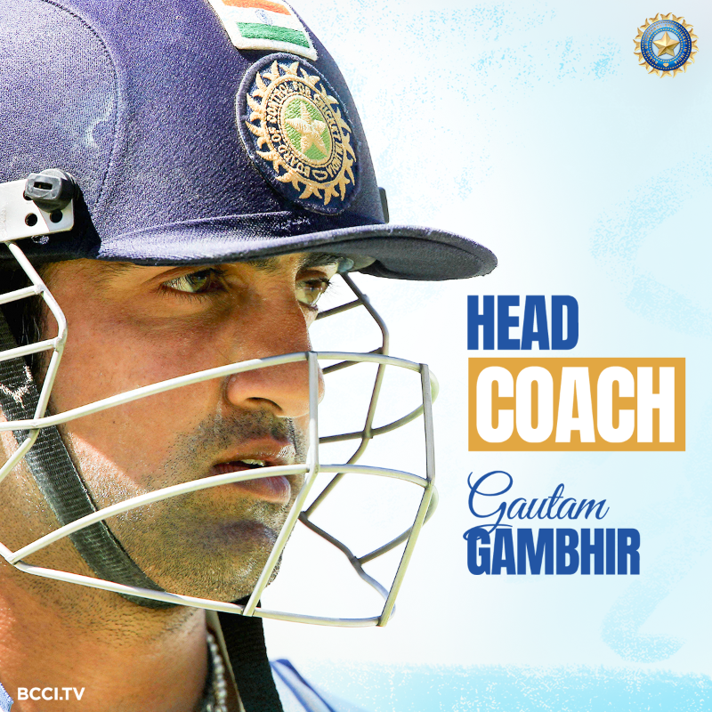 BCCI's tweet photo. 🚨 NEWS 🚨

Mr Gautam Gambhir appointed as Head Coach - Team India (Senior Men). 

Mr Gambhir will take charge from the upcoming away series against Sri Lanka where Team India are set to play 3 ODIs &amp; 3 T20Is starting July 27, 2024.

All The Details 🔽 #TeamIndia | @GautamGambhir