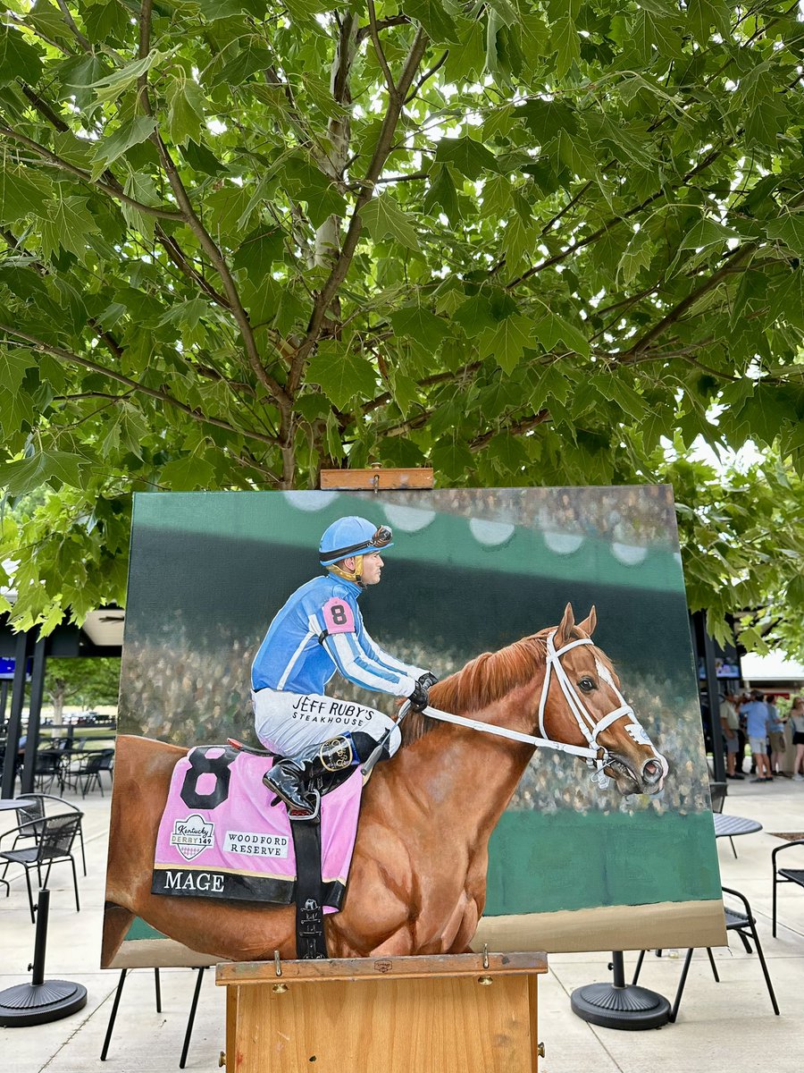 FasigTiptonCo's tweet photo. Spotted at #FasigJuly! The talented @RobertClarkART and his painting of @KentuckyDerby winning #FasigGrad Mage. 🎨🖌️ https://t.co/4oTzld47BD