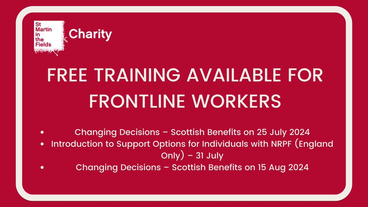 Frontline Network (@smitf_frontline) on Twitter photo Free #training for frontline workers 📢
In Scotland, we have training with <a href="/CPAGUK/">Child Poverty Action Group</a> on changing decisions in the Scottish benefit system. In England, we have training with <a href="/Project17UK/">Project 17</a> on supporting people with NRPF.
Sign up for these courses & more here: tinyurl.com/yvzyrvh5 Free #training for frontline workers 📢
In Scotland, we have training with <a href="/CPAGUK/">Child Poverty Action Group</a> on changing decisions in the Scottish benefit system. In England, we have training with <a href="/Project17UK/">Project 17</a> on supporting people with NRPF.
Sign up for these courses & more here: tinyurl.com/yvzyrvh5
